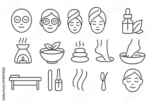 Spa Icons Essentials. Line style icons of spa and pampering: facial mask, cucumber eyes, towel wrap, essential oil; aroma diffuser