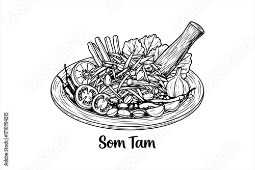 Hand-drawn illustration of Som Tam, a vibrant Thai salad, featuring various ingredients arranged artistically on a plate.