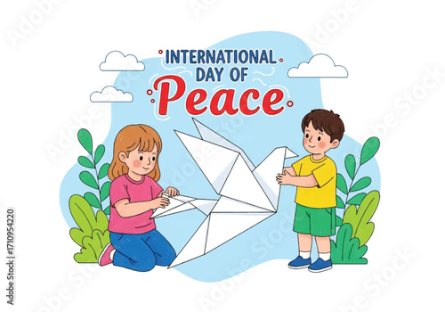 Flat illustration of children holding an origami dove, symbolizing peace and harmony, celebrating International Day of Peace with hope, kindness, and unity for a better world