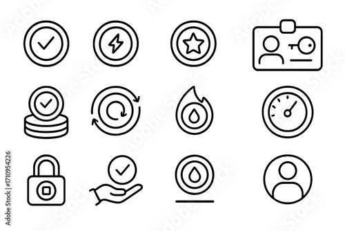Token Utility Icons. Line style icons of token utilities: governance token, utility token, reward token, access pass; staking