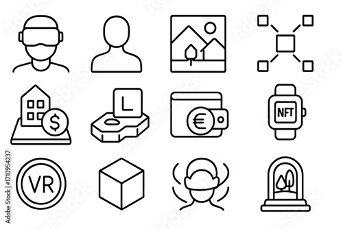 Metaverse Icon Collection. Line style icons of metaverse and crypto: VR headset, avatar icon, virtual land, blockchain map;