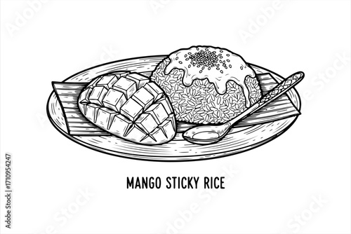 A delectable hand-drawn illustration of mango sticky rice, served on a plate with a small spoon.