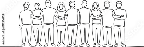 This image features a continuous line art drawing of a diverse group of eight people standing side by side, each with their arms crossed, all connected by a single, unbroken line. 