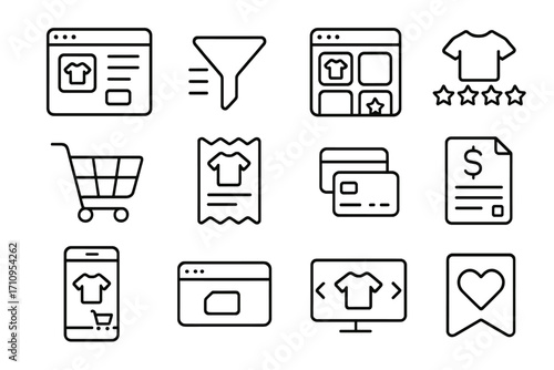 E-commerce Line Icons. Line style icons of e-commerce platforms: website homepage, product filter, grid view, product rating; cart