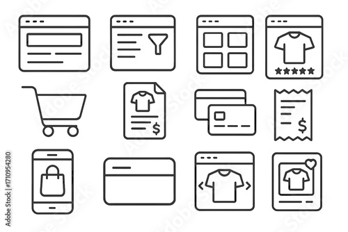 E-commerce Line Icons. Line style icons of e-commerce platforms: website homepage, product filter, grid view, product rating; cart