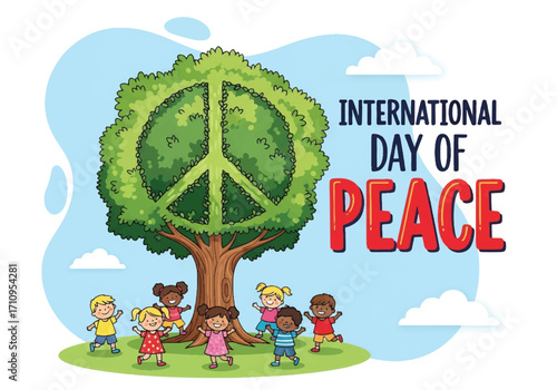 Flat illustration of children playing under a tree shaped like a peace symbol, celebrating International Day of Peace and promoting unity, harmony, environment, and a better future