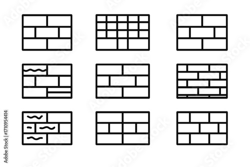 Brick Patterns Icons. Line style icons of industrial brick patterns: heavy mortar joints, exposed rebar grid, reinforced wall,