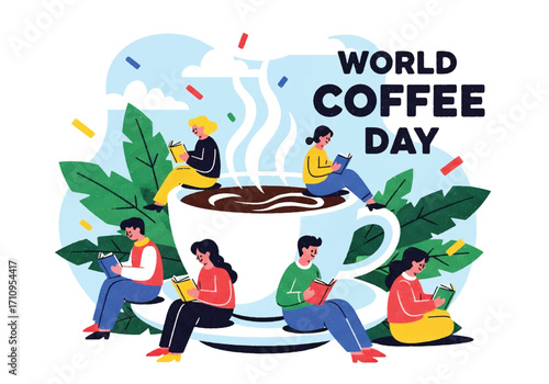 Flat illustration of people reading books around a giant steaming coffee cup, celebrating World Coffee Day, symbolizing relaxation, culture, learning, and the joy of coffee with knowledge