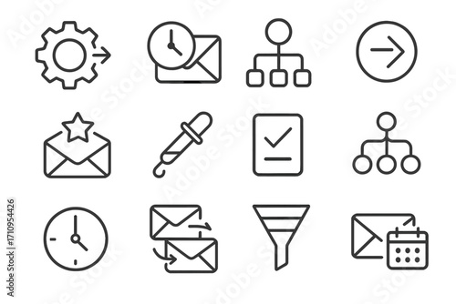 Automation Tool Icons. Line style icons of automation tools: gear with arrow, scheduled email, workflow path, trigger icon;