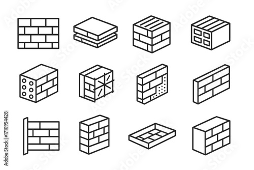 Brick Panel Icons. Line style icons of brick panel types: facade panel, thin veneer, solid clay block, air brick; hollow panel,