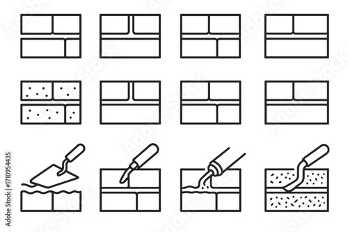 Grout and Mortar Icons. Line style icons of grout and mortar details: thick joint, recessed joint, flush finish, overfilled seam;