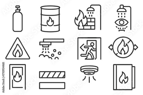 Industrial Fire Safety Icons. Line style icons of industrial fire safety: gas cylinder, chemical barrel, fire containment wall,
