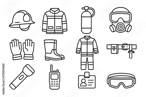 Firefighter Gear Icons. Line style icons of firefighter gear: fire helmet, turnout gear, oxygen tank, face mask; gloves, boots,