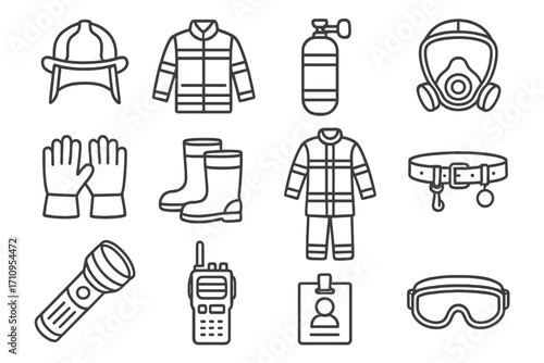 Firefighter Gear Icons. Line style icons of firefighter gear: fire helmet, turnout gear, oxygen tank, face mask; gloves, boots,