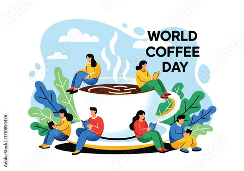 Flat illustration of people reading books around a giant steaming coffee cup, celebrating World Coffee Day, symbolizing relaxation, culture, learning, and the joy of coffee with knowledge