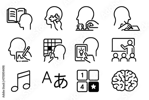 Brain Stimulation Icons. Line style icons of brain stimulation: reading book, solving puzzle, playing chess, writing in journal;