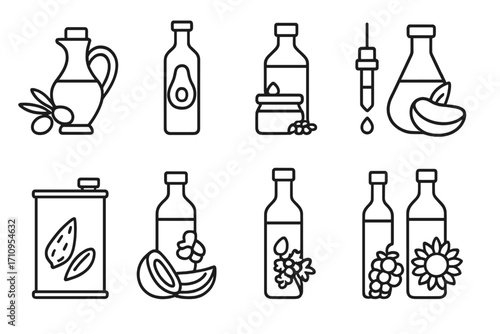 Healthy Oils Icons. Line style icons of healthy oils: olive oil dispenser, avocado oil bottle, flax oil jar, hemp oil glass;