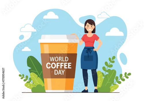 Flat illustration of a woman standing beside a giant coffee cup, celebrating World Coffee Day and highlighting the love for coffee, lifestyle, energy, and global coffee culture