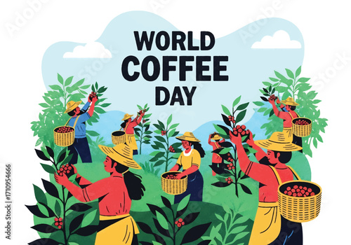 Flat illustration of farmers harvesting coffee cherries in a plantation, celebrating World Coffee Day and highlighting coffee production, agriculture, culture, and the journey from farm to cup