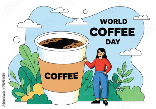 Flat illustration of a woman standing beside a giant coffee cup, celebrating World Coffee Day and highlighting the love for coffee, lifestyle, energy, and global coffee culture
