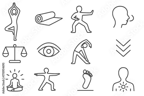 Mind-Body Icon Medley. Line style icons of mind-body practices: yoga pose, meditation mat, tai chi figure, breathing flow; balance