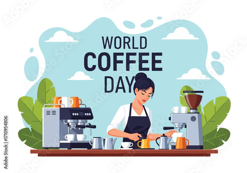 flat style illustration of a barista preparing drinks with coffee machines, celebrating World Coffee Day and highlighting coffee culture, lifestyle, and the art of brewing