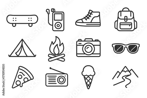 Youth Essentials Icons. Line style icons of youth and freedom: skateboard, music player, sneakers, backpack; tent, bonfire, camera