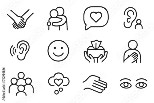 Emotional Support Icons. Line style icons of emotional support: supportive arms, hug, kind gesture, comforting hand; chat bubble