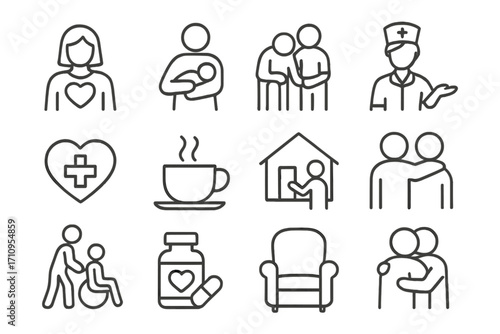 Caregiving Icon Collection. Line style icons of caregiving symbols: caregiver with heart, holding baby, elderly support, caring
