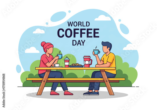 Flat illustration of two people enjoying coffee at an outdoor table, celebrating World Coffee Day and highlighting social connection, lifestyle, and the global love for coffee