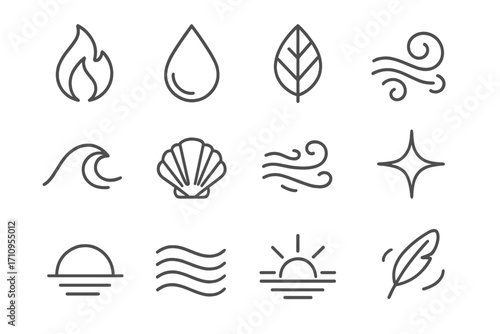 Elemental Purity Icons. Line style icons of elemental purity: flame, droplet, leaf, breeze swirl; wave, shell, soft wind, glowing