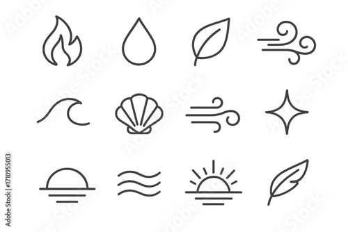Elemental Purity Icons. Line style icons of elemental purity: flame, droplet, leaf, breeze swirl; wave, shell, soft wind, glowing