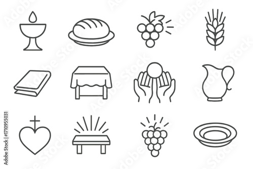 Liturgical Elements Icons. Line style icons of liturgical elements: chalice with drop, bread on plate, grapes and light, wheat