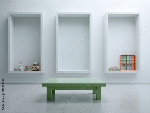 A modern, minimalist room displays three recessed display areas, each holding small toys, against a bright white wall, with a simple green table in the center.