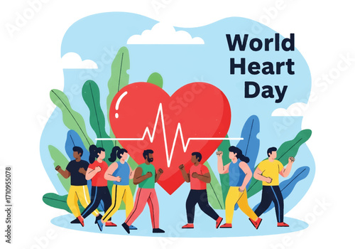 Flat illustration of people exercising with weights, running, and stretching around a giant heart, celebrating World Heart Day and promoting fitness, prevention, and cardiovascular health
