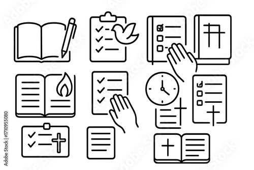Prayer and Checklist Icons. Line style icons of checklist and prayer tools: pen and bible, checklist with dove, daily habit icon,