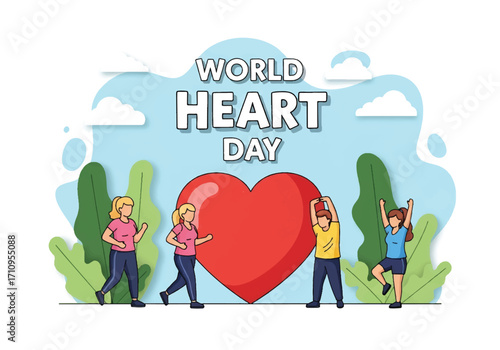 Flat illustration of people exercising with weights, running, and stretching around a giant heart, celebrating World Heart Day and promoting fitness, prevention, and cardiovascular health