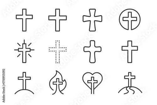 Minimal Cross Icons. Line style icons of minimal crosses: upright cross, simple beam cross, curved edge cross, circle cross; light