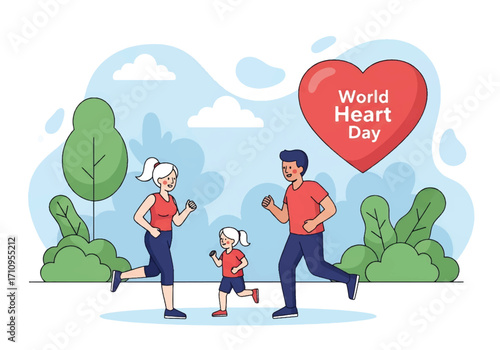 Flat illustration of a family jogging together outdoors with a heart symbol, celebrating World Heart Day and promoting cardiovascular health, fitness, prevention, and an active lifestyle