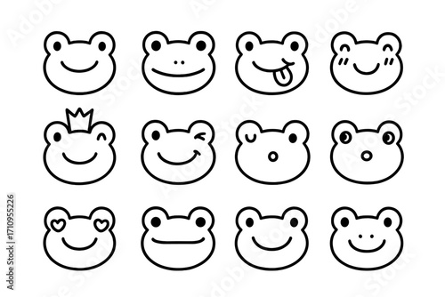 Cute Frog Faces. Line style icons of cute frog faces: smiling frog, wide-eyed frog, frog with tongue, blushing frog; frog with