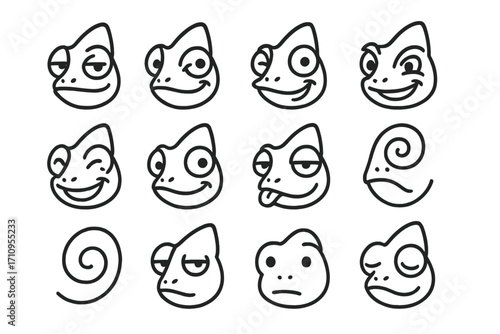 Expressive Chameleon Faces. Line style icons of expressive chameleon faces: raised brow chameleon, curled lip chameleon, one-eye