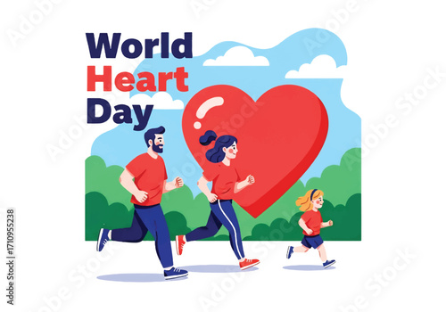 Flat illustration of a family jogging together outdoors with a heart symbol, celebrating World Heart Day and promoting cardiovascular health, fitness, prevention, and an active lifestyle
