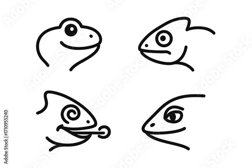 Animal Profile Icons. Line style icons of animal face side views: side frog smile, gecko profile, chameleon with tongue flick,