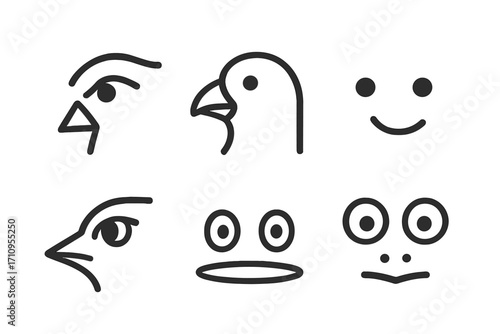 Line Art Bird Faces. Line style icons of eyes and beaks only: bird eye with brow, small beak triangle, curved upper bill, double