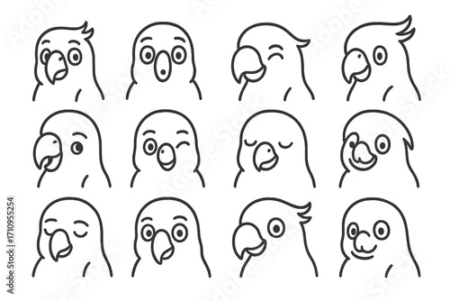 Parrot Expressions Icons. Line style icons of parrot expressions: curious parrot, surprised parrot face, smiling parrot, tilted