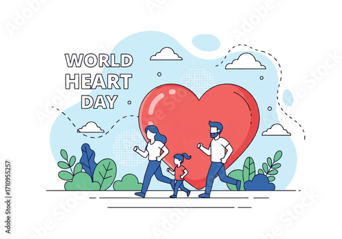 Flat illustration of a family jogging together outdoors with a heart symbol, celebrating World Heart Day and promoting cardiovascular health, fitness, prevention, and an active lifestyle