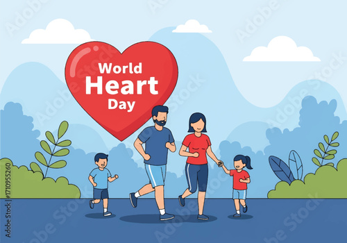 Flat illustration of a family jogging together outdoors with a heart symbol, celebrating World Heart Day and promoting cardiovascular health, fitness, prevention, and an active lifestyle