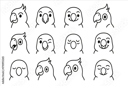 Parrot Expressions Icons. Line style icons of parrot expressions: curious parrot, surprised parrot face, smiling parrot, tilted
