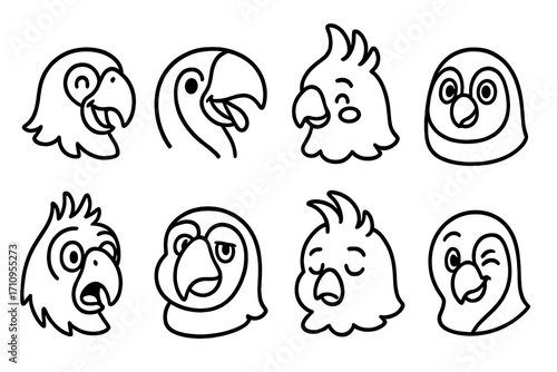 Cartoon Tropical Bird Icons. Line style icons of cartoon tropical bird heads: smiling parrot, tongue-out toucan, blushing cockatoo