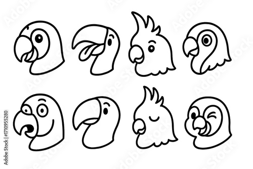 Cartoon Tropical Bird Icons. Line style icons of cartoon tropical bird heads: smiling parrot, tongue-out toucan, blushing cockatoo
